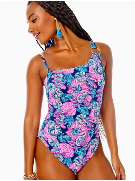 Lilly Pulitzer Other - Lilly Pulitzer Women 10 Pink Blue Floral Leola Swimsuit One Piece Asymmetrical